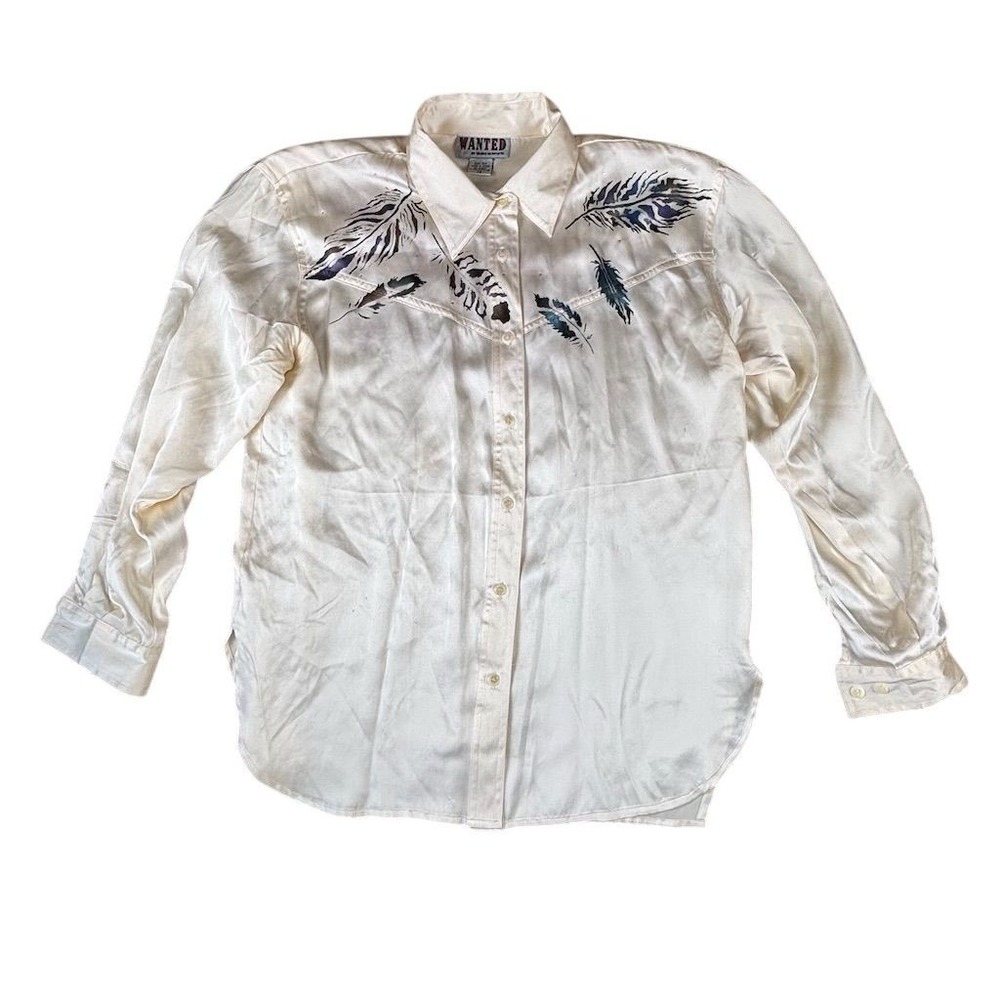 Wanted Women's‎ XS White Silk Embroidered Feather Button-Up Shirt